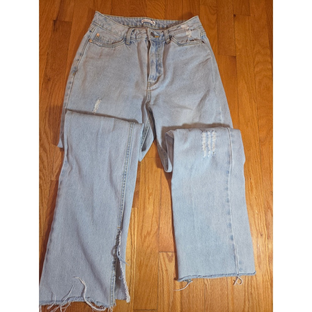Avec Les Filles Light Wash Distressed Straight Leg Jeans Size 27 High Rise‎ Raw - Picture 1 of 12